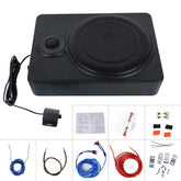 10” slim aktiv subwoofer til bil – 600W under sædet med en kompakt design og tilbehør til installation.