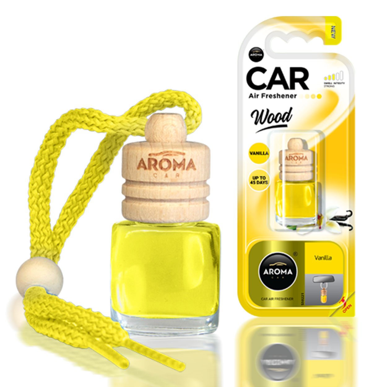 Aroma Wood ароматизатор за кола с аромат на ванилия, стъклена бутилка и дървена капачка