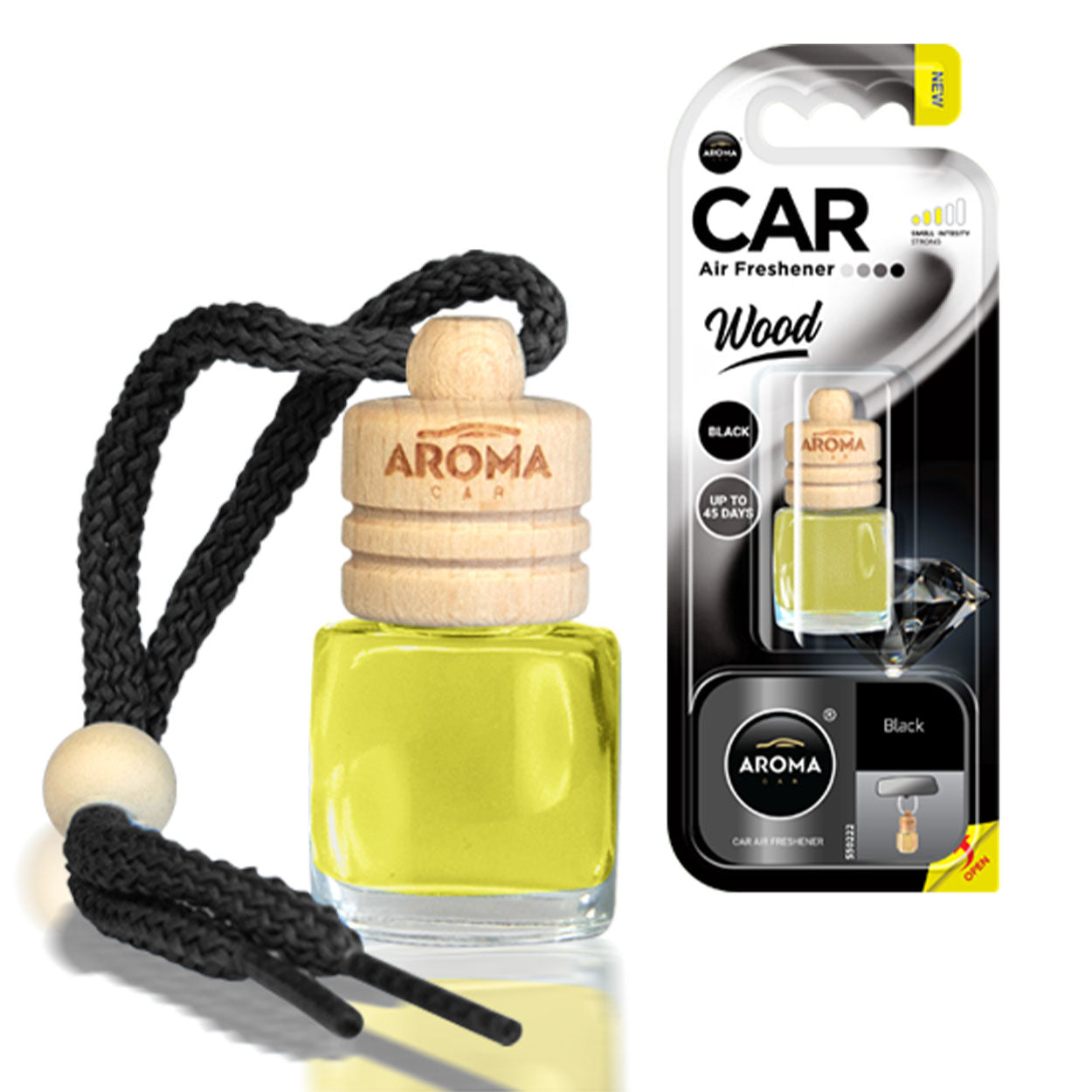 Ароматизатор за кола Aroma Wood Black със стъклено шишенце и дървена капачка