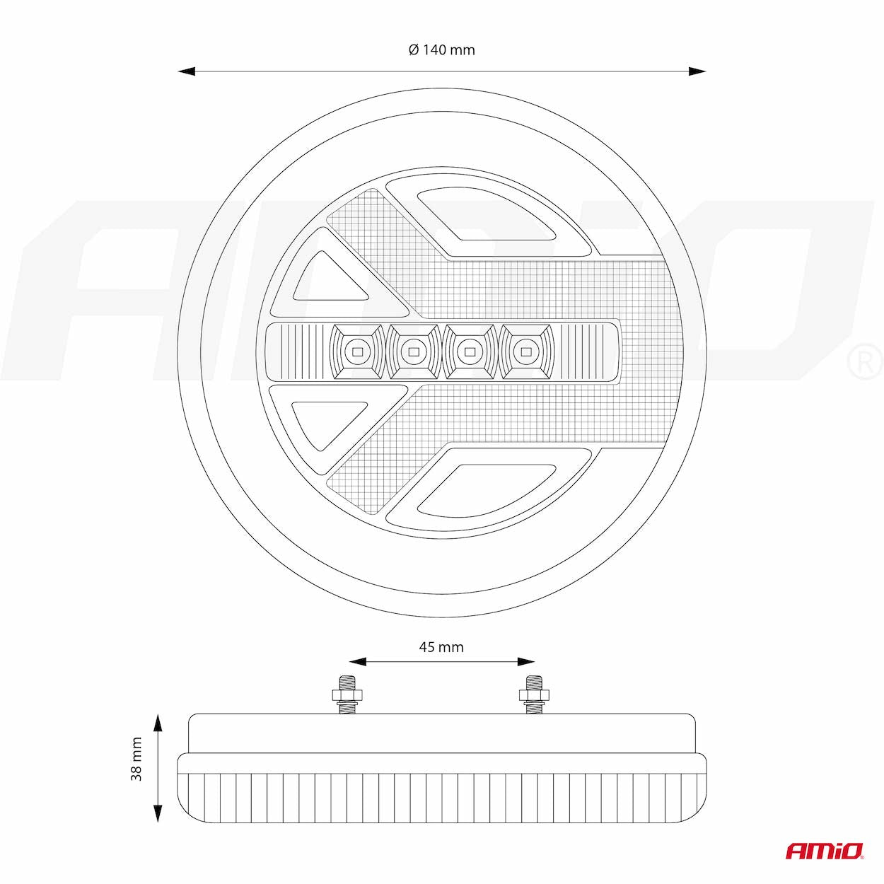 Kombineret LED-baglygte med mål Ø140 x 38 mm