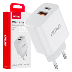 Бял стенен адаптер с USB-C и USB-A за 20W зареждане