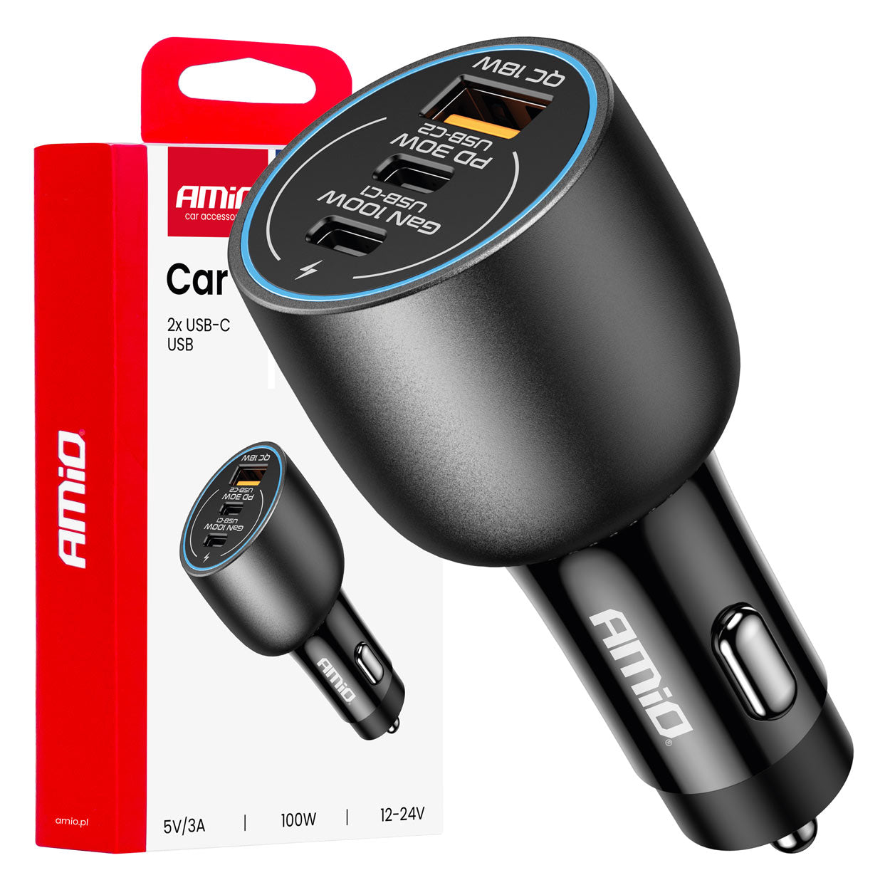 Biloplader med to USB-C-porte og én USB-A-port