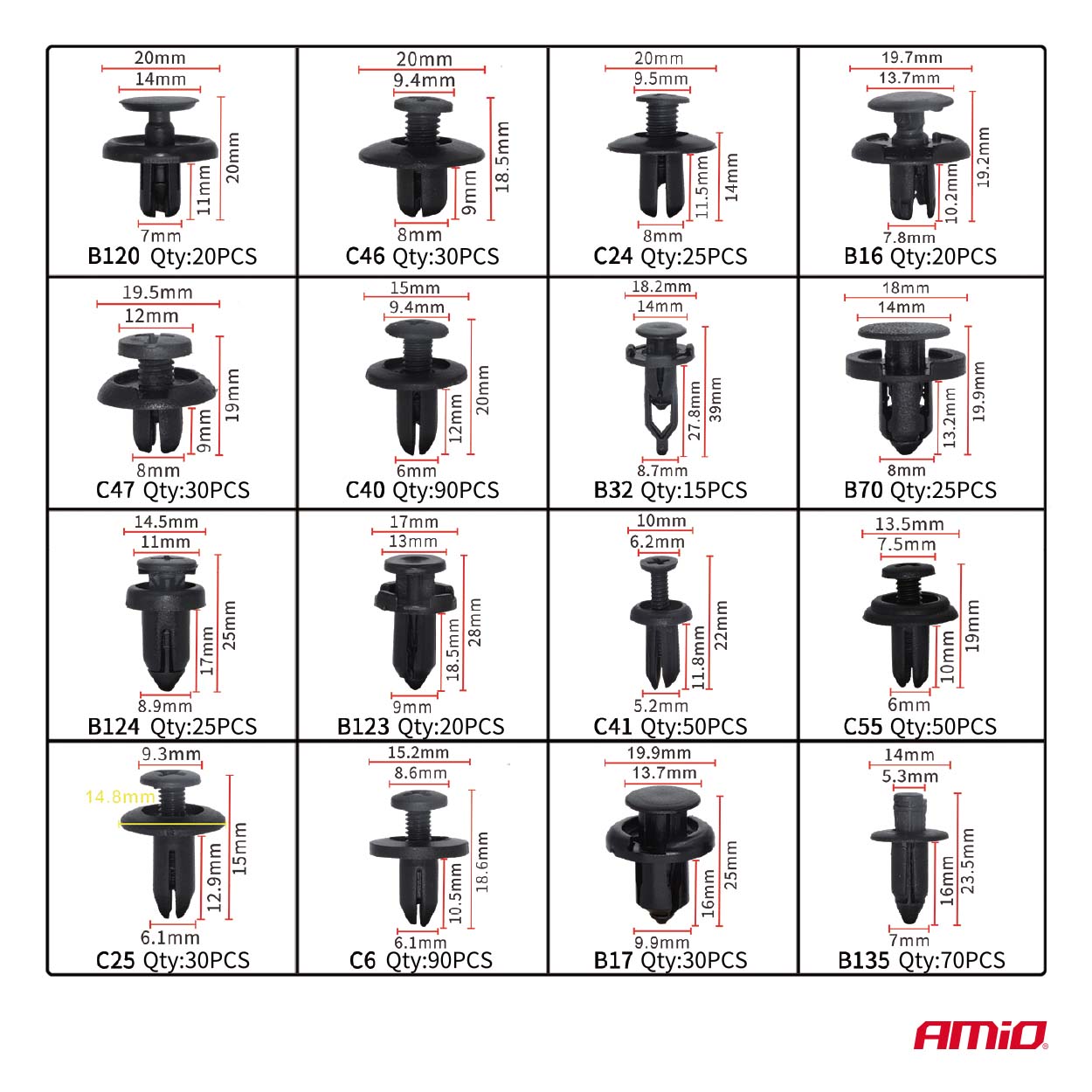 Fastgørelsesclips til kofangere, skærme og beklædning