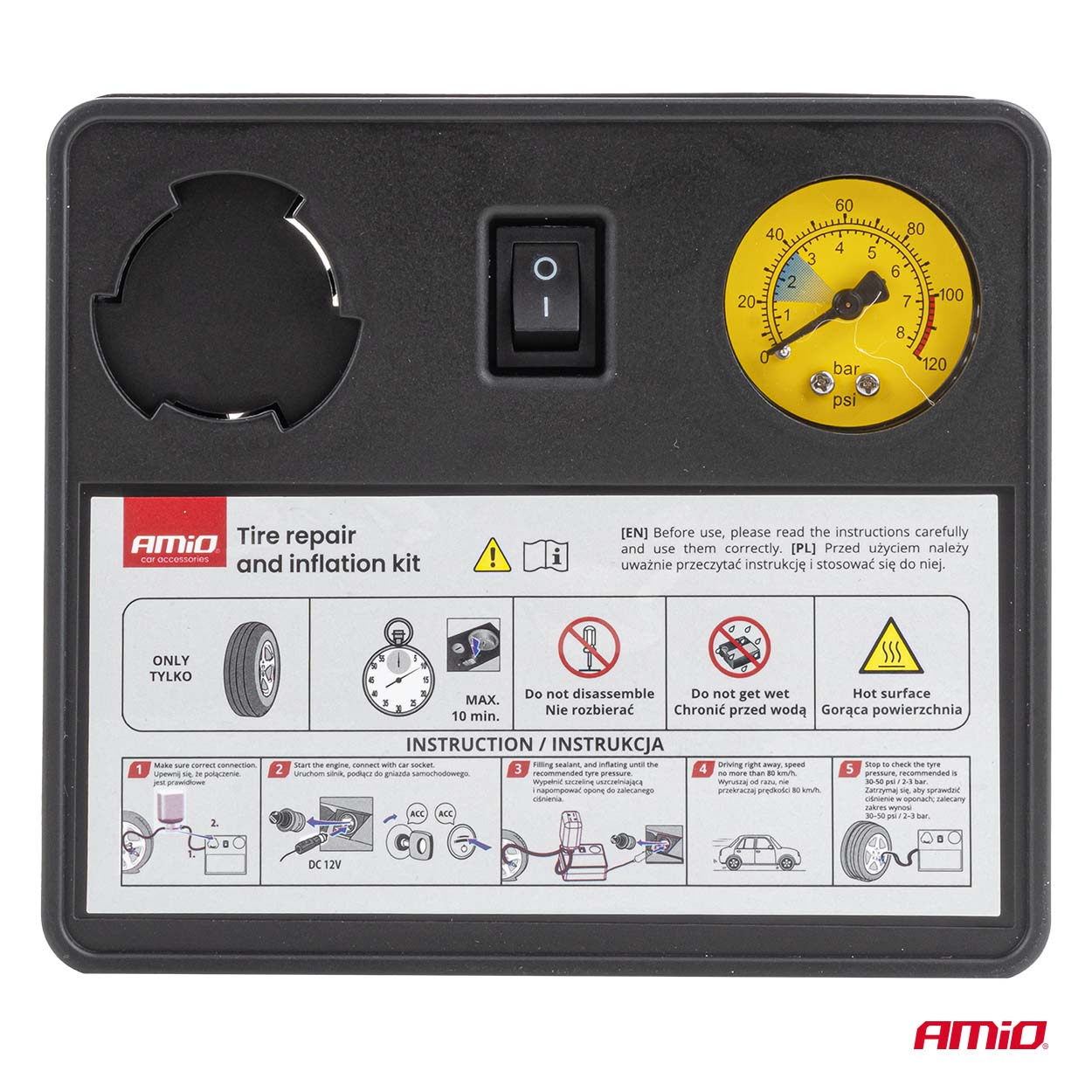 12 V dækreparationskit med 120 PSI maksimalt tryk
