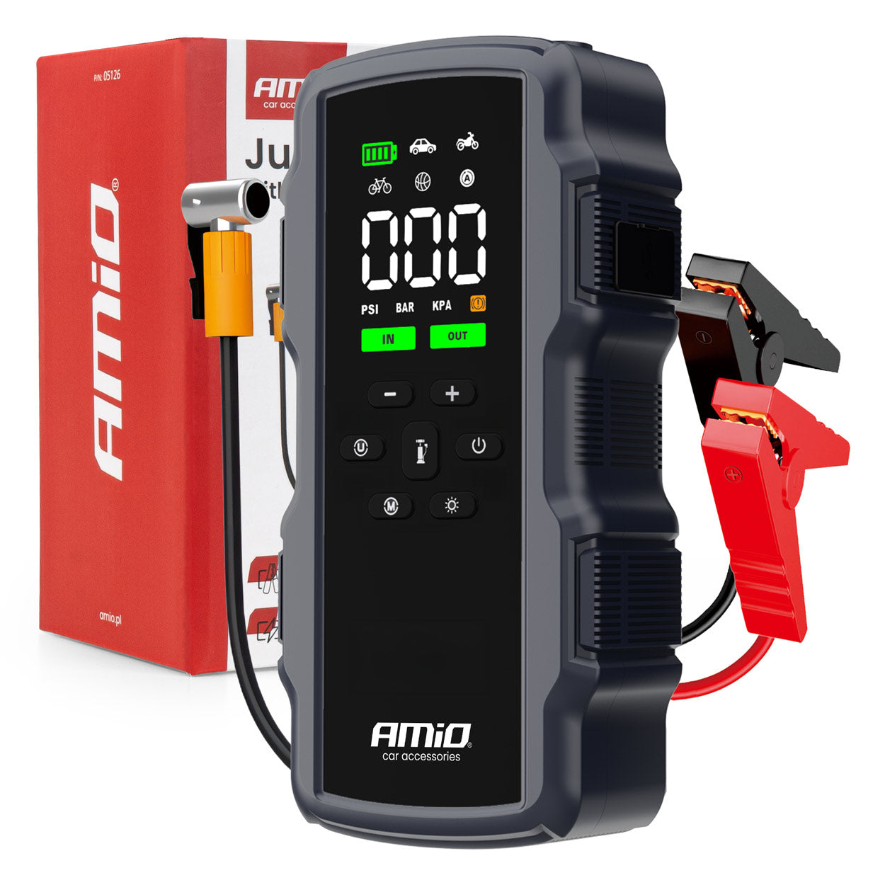 Jump starter 12V 4-i-1 med kompressor, powerbank og LED-lygte