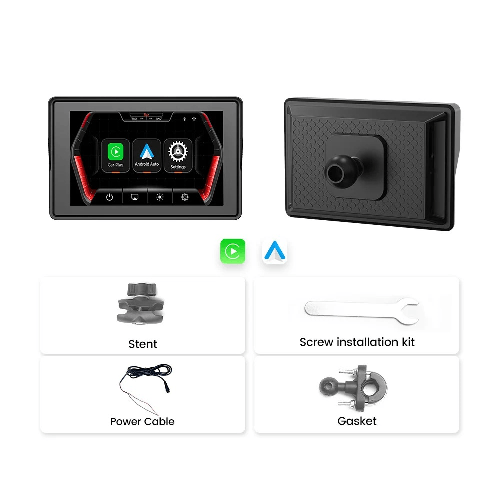 5” CarPlay til Motorcykel – Trådløs Apple CarPlay & Android Auto (IP67) skærm med tilbehør
