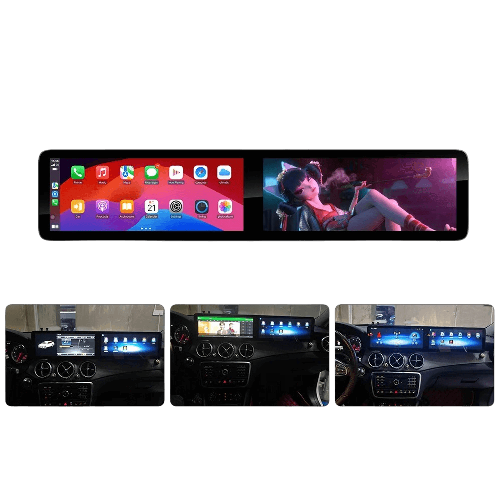 Mercedes A/CLA/GLA - 2x 12.3" skærm m. Apple CarPlay og Android Auto, med dobbelte skærmbilleder til bilinteriør.
