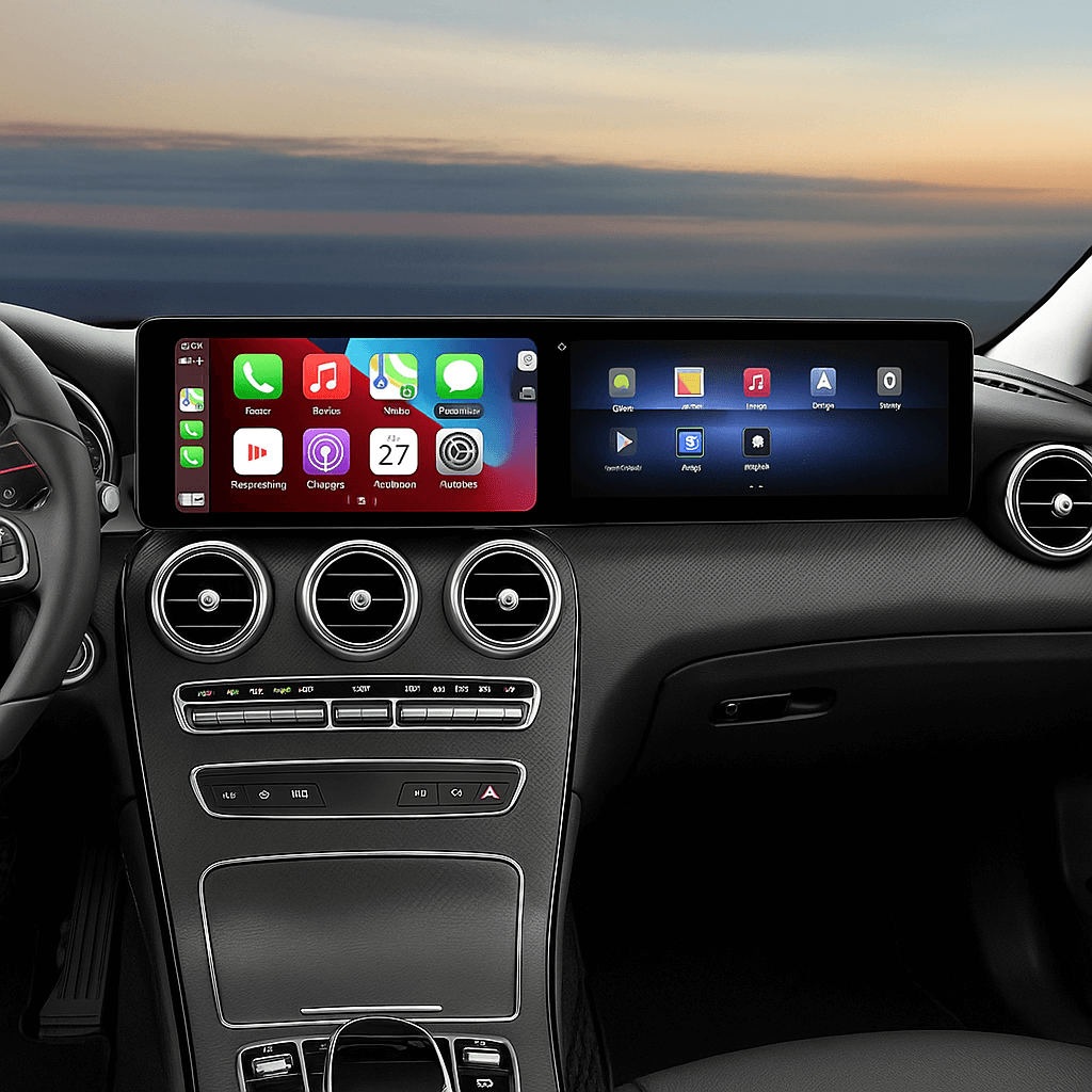 Mercedes A/CLA/GLA - 2x 12.3" skærm m. Apple CarPlay og Android Auto i bilens interiør.